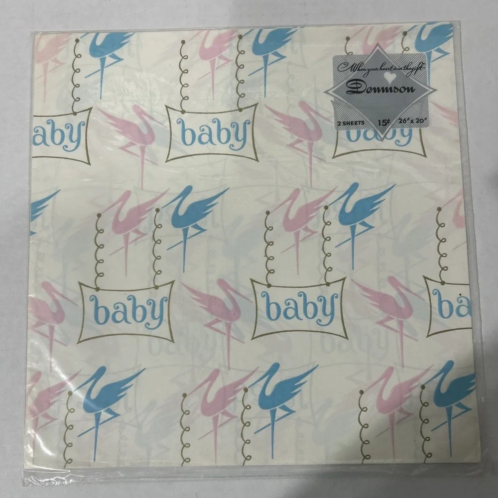 VINTAGE WRAPPING PAPER- NEW BABY, BABY SHOWER, CHILD GIFT, 7 Packs Dennison